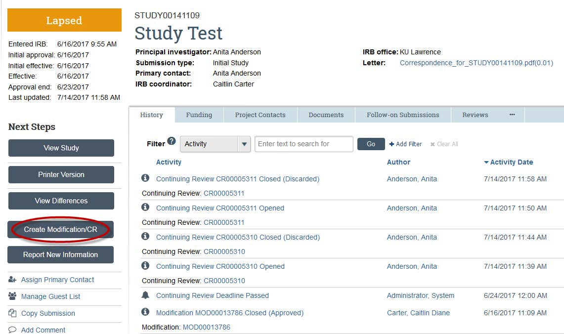 Screenshot of where to find the "Create Modification/CR" button in KU's eCompliance system
